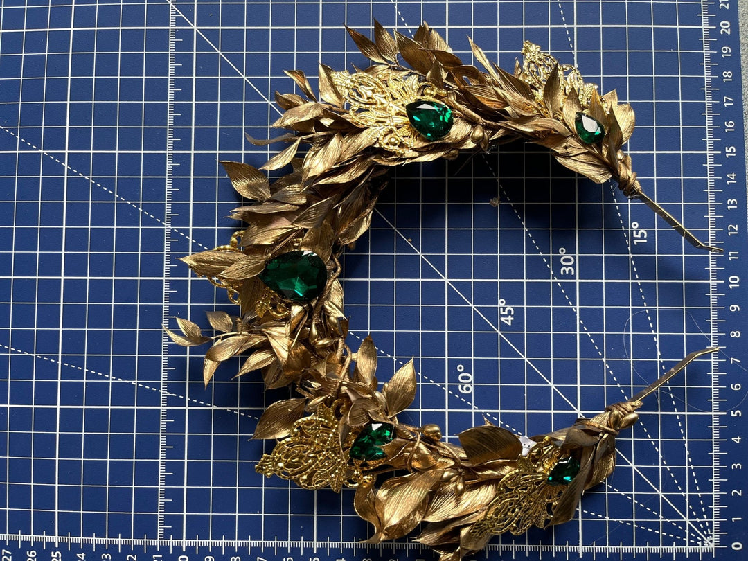 Golden Flower Bridal Crown: Emerald Crystal Wedding Headband – handmade floral hair accessory by magaela