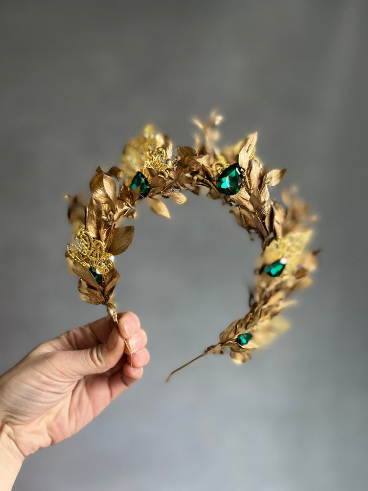 Golden Flower Bridal Crown: Emerald Crystal Wedding Headband – handmade floral hair accessory by magaela