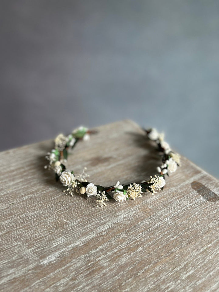 White Rose Wedding Hair Crown: Bridal Flower Wreath Halo – handmade floral hair accessory by magaela
