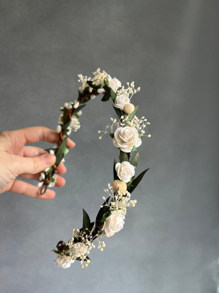 White Rose Wedding Hair Crown: Bridal Flower Wreath Halo – handmade floral hair accessory by magaela
