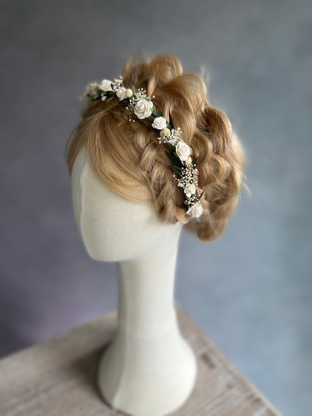 White Rose Wedding Hair Crown: Bridal Flower Wreath Halo – handmade floral hair accessory by magaela