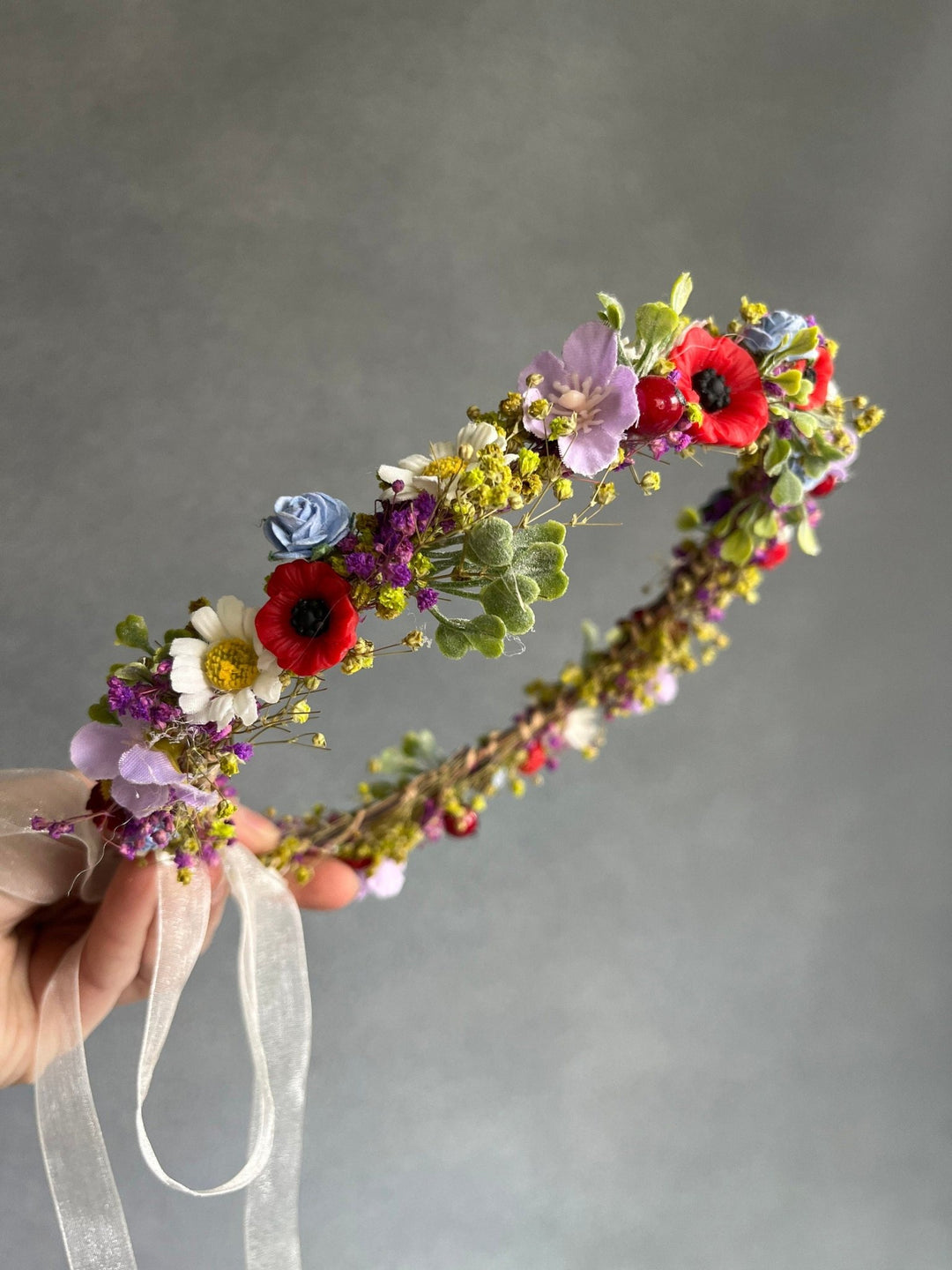 Daisy Poppy Bridal Crown: Colourful Meadow Flower Hair Wreath – handmade floral hair accessory by magaela