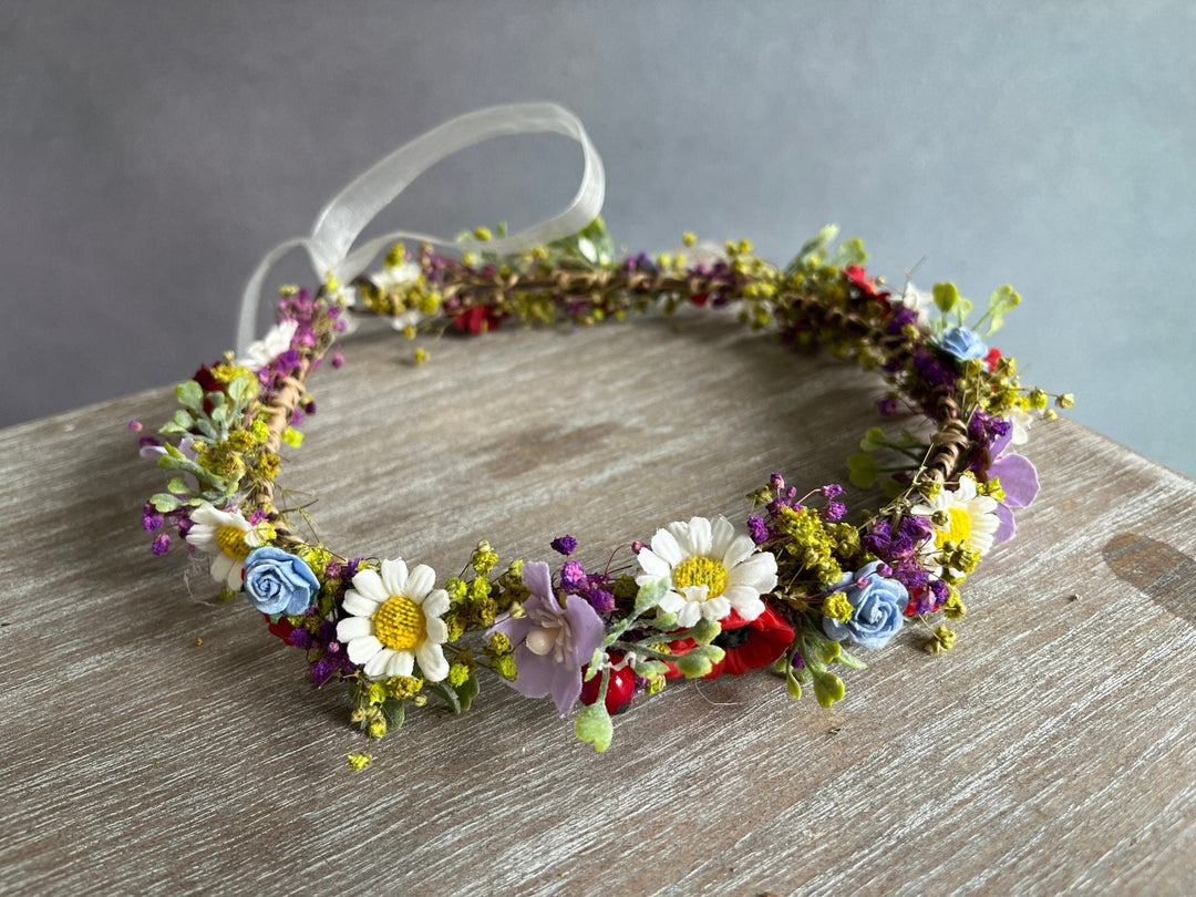 Daisy Poppy Bridal Crown: Colourful Meadow Flower Hair Wreath – handmade floral hair accessory by magaela