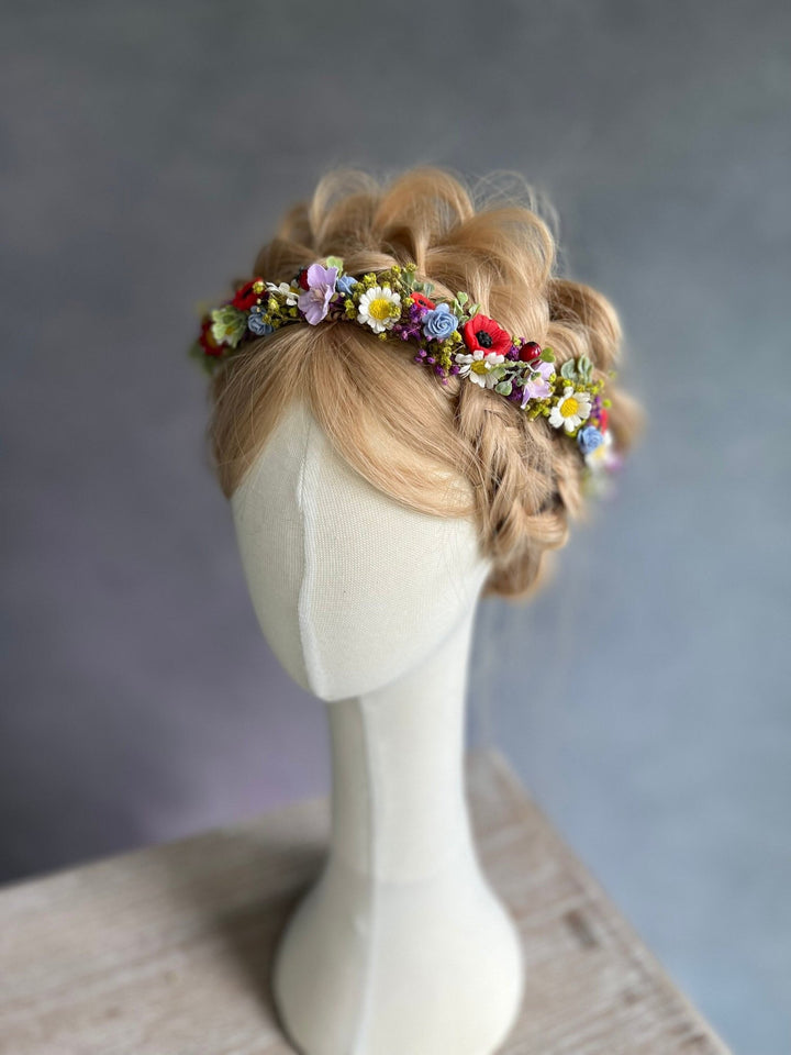 Daisy Poppy Bridal Crown: Colourful Meadow Flower Hair Wreath – handmade floral hair accessory by magaela