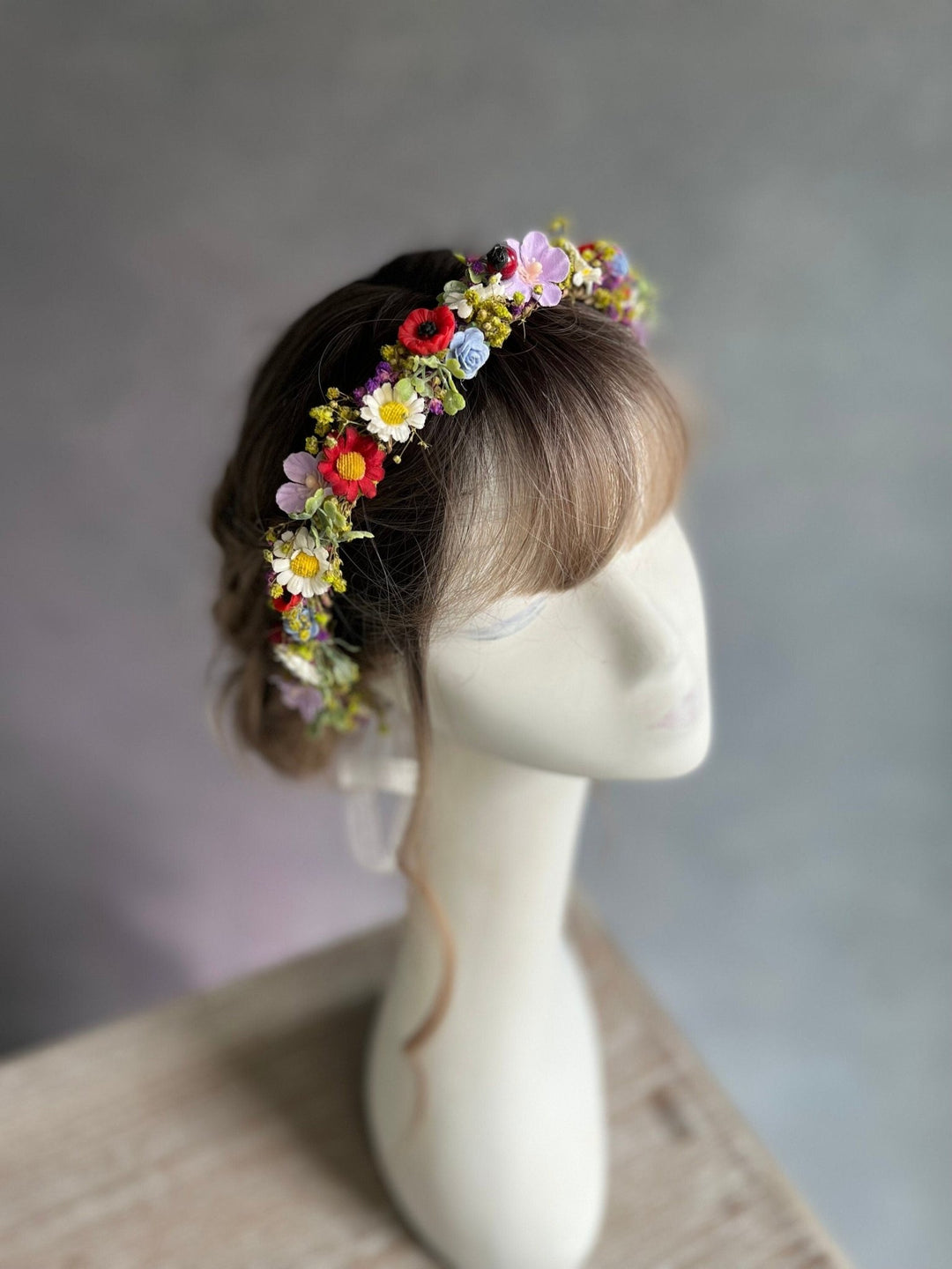 Daisy Poppy Bridal Crown: Colourful Meadow Flower Hair Wreath – handmade floral hair accessory by magaela