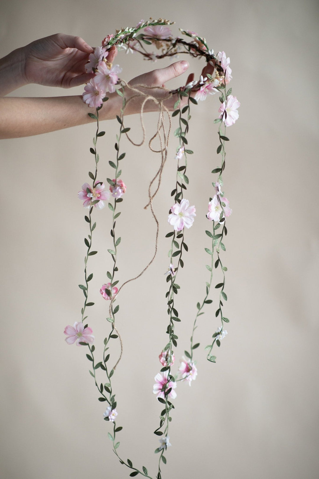 Blush Pink Flower Wedding Wreath with Long Hanging Vines – handmade floral hair accessory by magaela