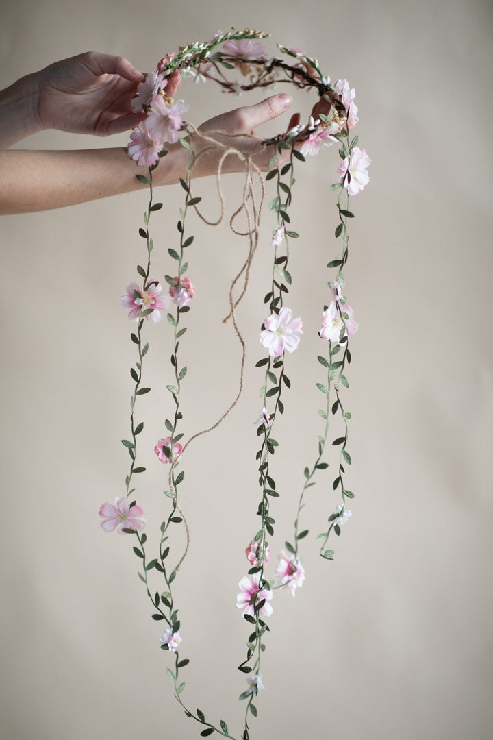 Blush Pink Flower Wedding Wreath with Long Hanging Vines – handmade floral hair accessory by magaela