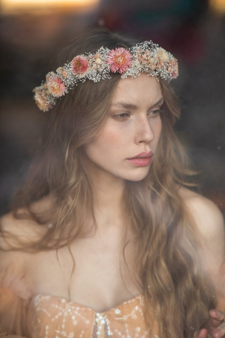 Dried Flower Wedding Crown: Peach Coral Boho Hair Wreath – handmade floral hair accessory by magaela