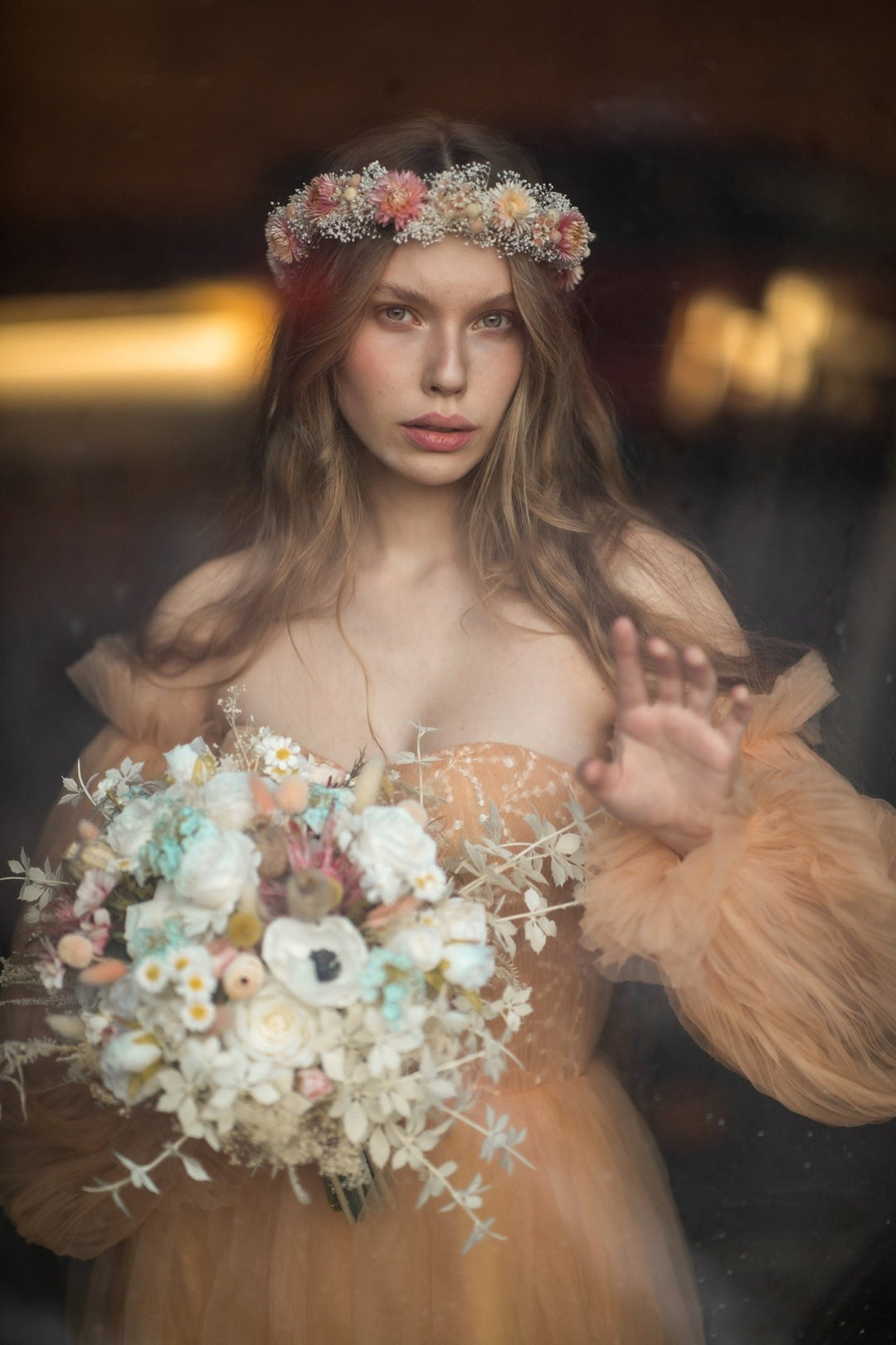Dried Flower Wedding Crown: Peach Coral Boho Hair Wreath – handmade floral hair accessory by magaela