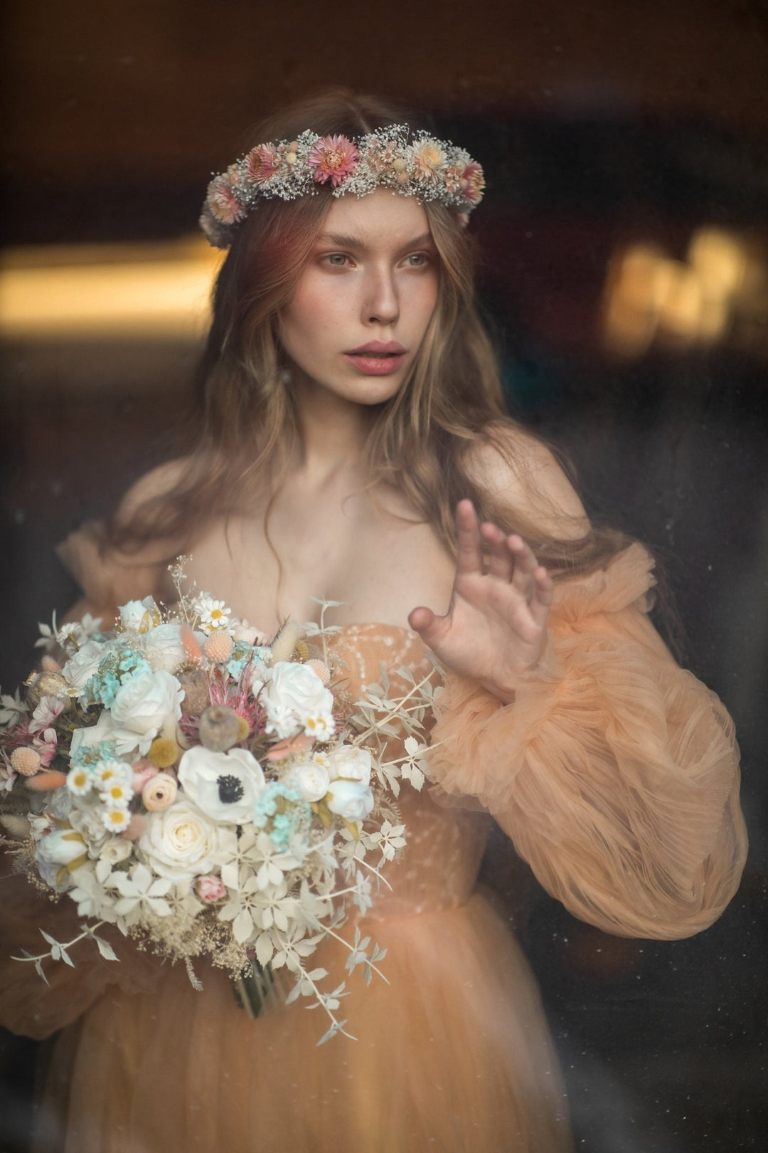 Dried Flower Wedding Crown: Peach Coral Boho Hair Wreath – handmade floral hair accessory by magaela