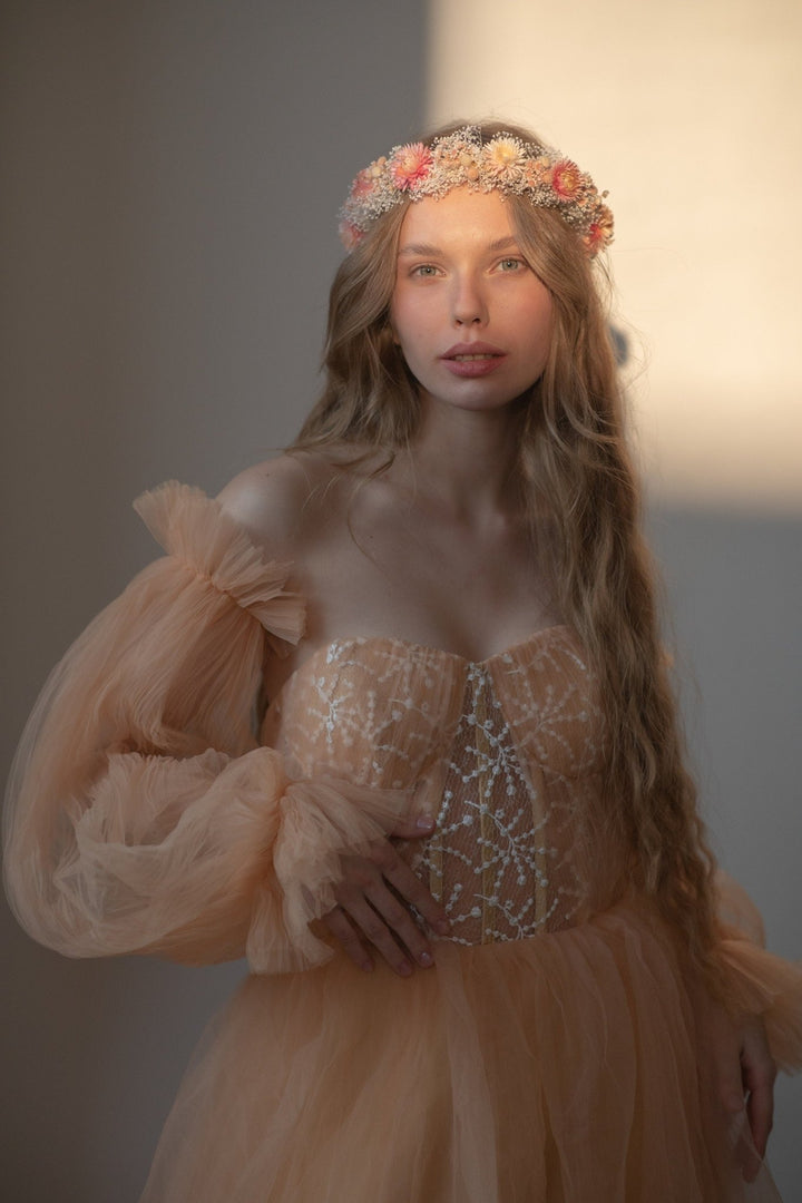 Dried Flower Wedding Crown: Peach Coral Boho Hair Wreath – handmade floral hair accessory by magaela