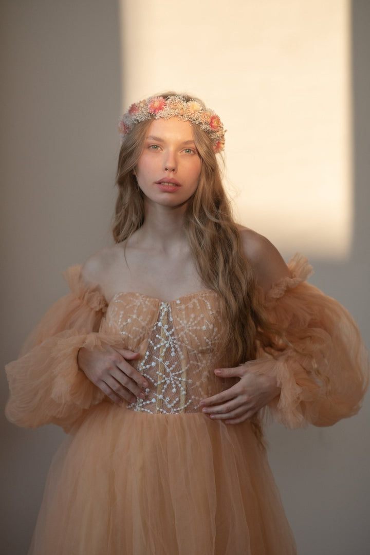 Dried Flower Wedding Crown: Peach Coral Boho Hair Wreath – handmade floral hair accessory by magaela