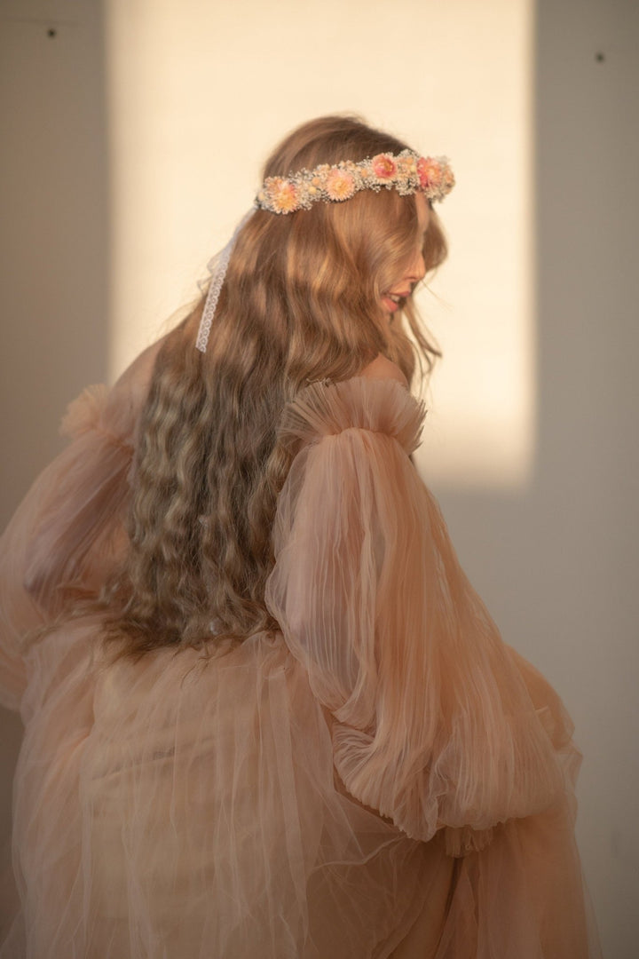 Dried Flower Wedding Crown: Peach Coral Boho Hair Wreath – handmade floral hair accessory by magaela