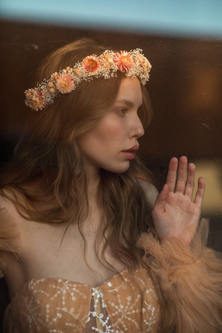 Dried Flower Wedding Crown: Peach Coral Boho Hair Wreath – handmade floral hair accessory by magaela