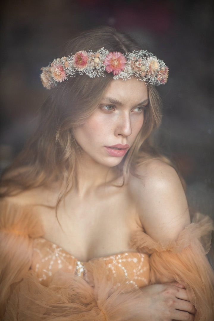 Dried Flower Wedding Crown: Peach Coral Boho Hair Wreath – handmade floral hair accessory by magaela