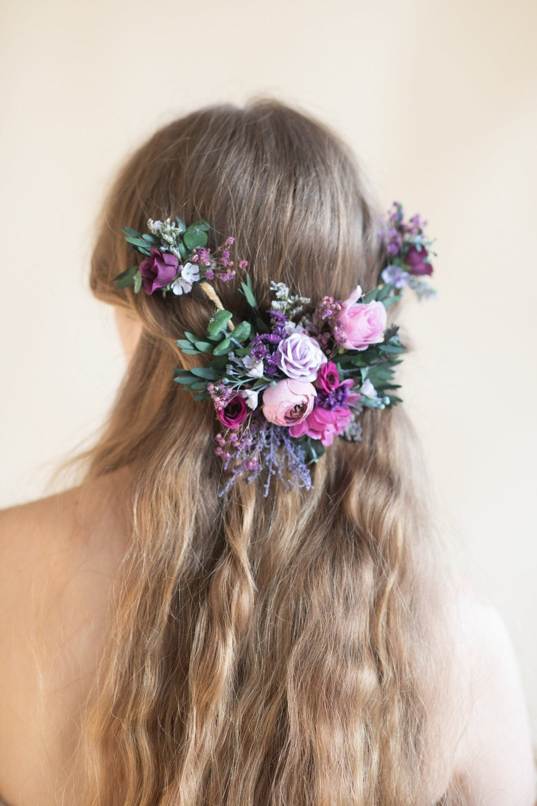 Purple Flower Hair Vine: Bridal Wedding Half Wreath – handmade floral hair accessory by magaela