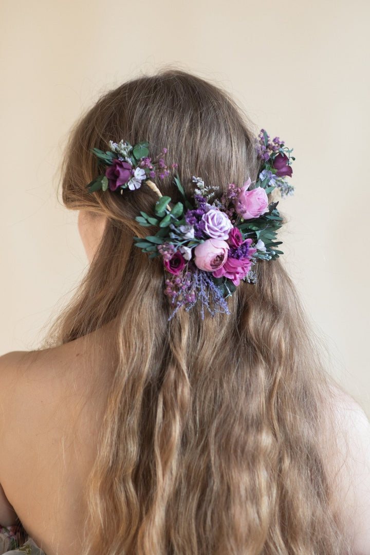 Purple Flower Hair Vine: Bridal Wedding Half Wreath – handmade floral hair accessory by magaela