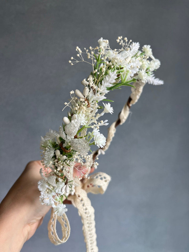 White Flower Bridal Crown: Wedding Hair Wreath, Ivory Headpiece – handmade floral hair accessory by magaela
