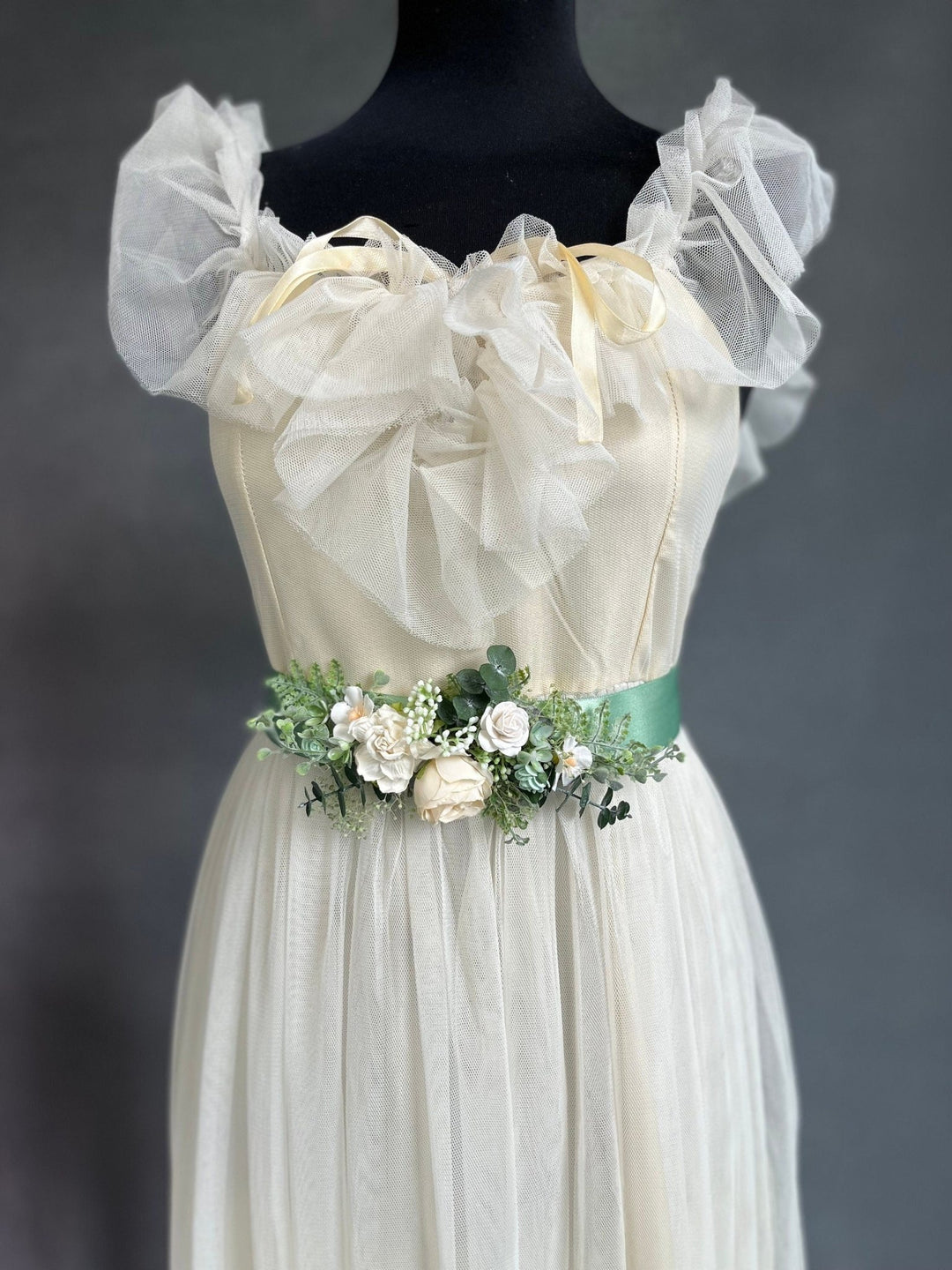 Sage Green Flower Bridal Belt: White Rose & Ivory Greenery Sash – handmade floral hair accessory by magaela