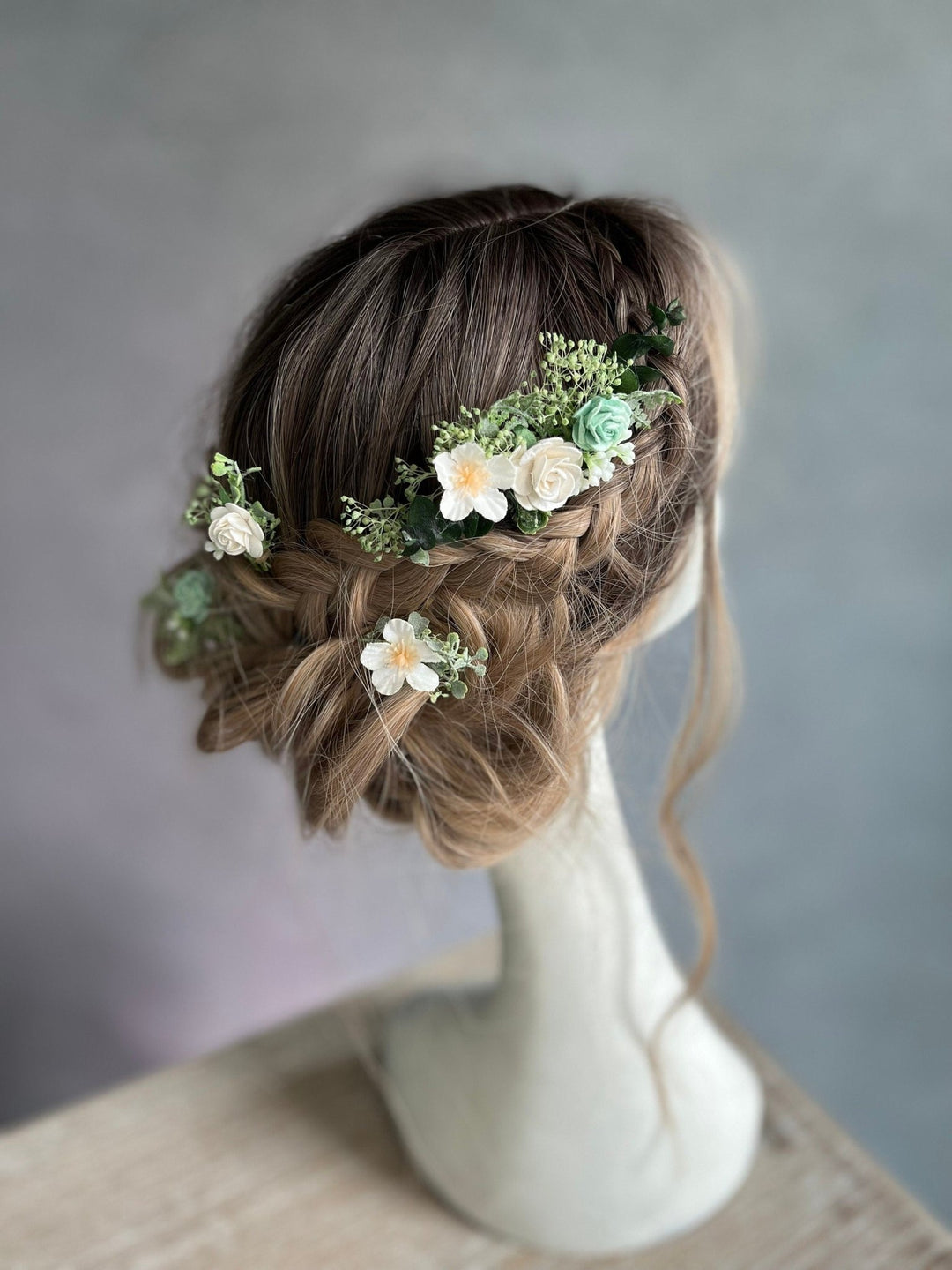 Sage Green Floral Hair Pins: Bridal White Rose Hair Accessories – handmade floral hair accessory by magaela