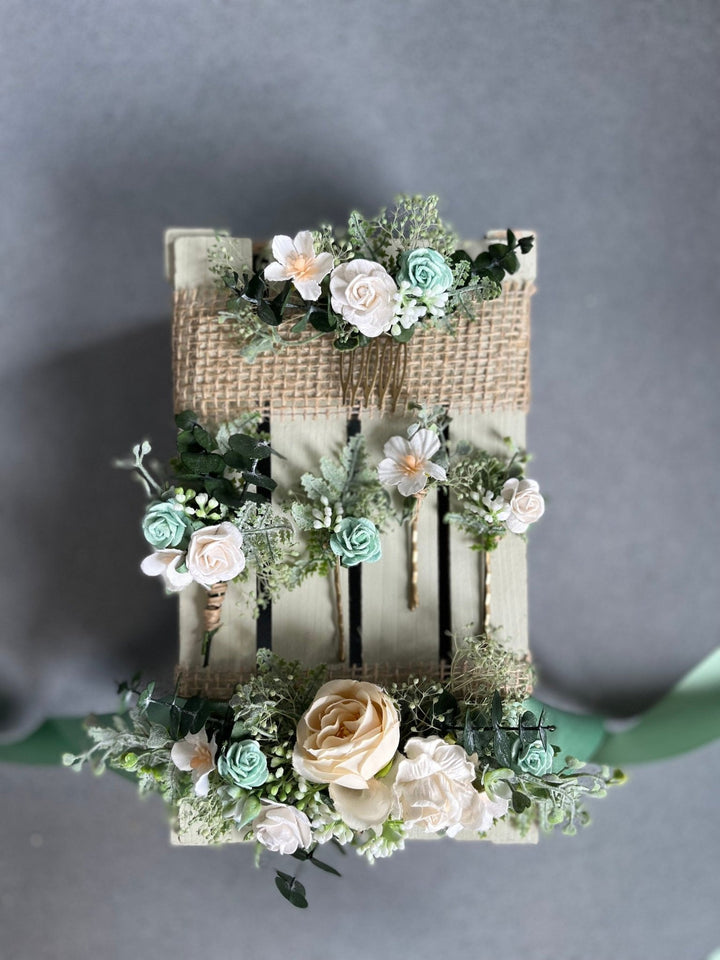 Sage Green Floral Hair Pins: Bridal White Rose Hair Accessories – handmade floral hair accessory by magaela