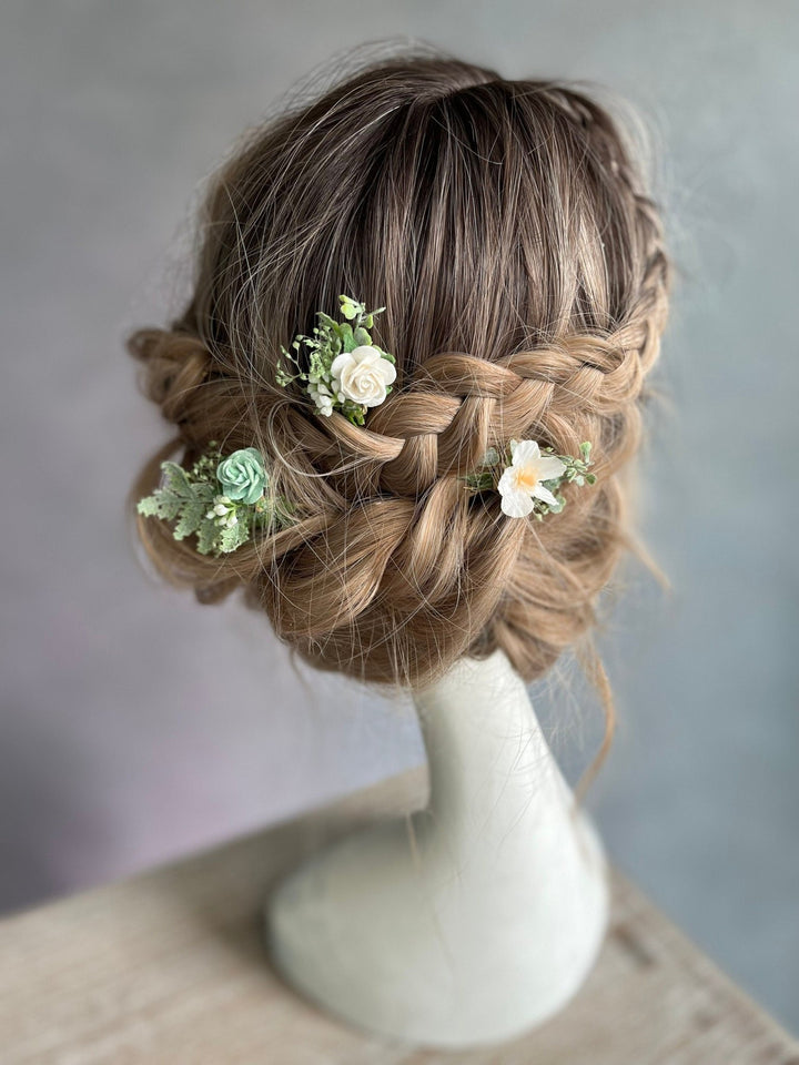 Sage Green Floral Hair Pins: Bridal White Rose Hair Accessories – handmade floral hair accessory by magaela