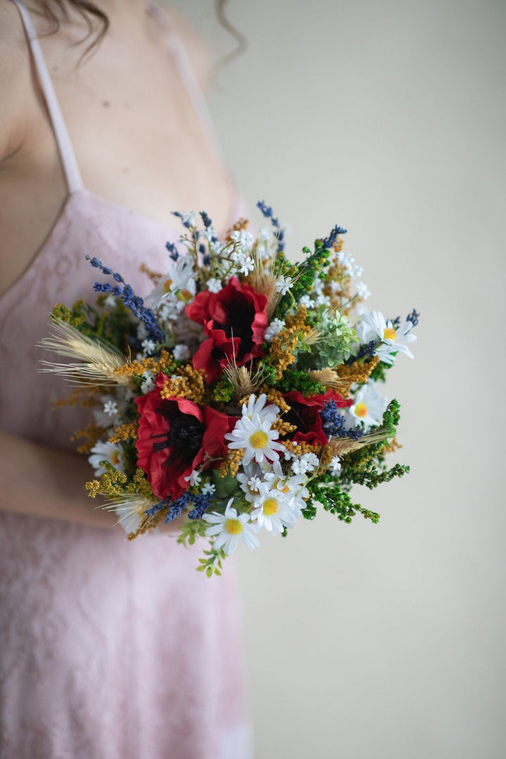Folk Wedding Bouquet: Poppy, Daisy, Wildflower Bridal Bouquet – handmade floral hair accessory by magaela
