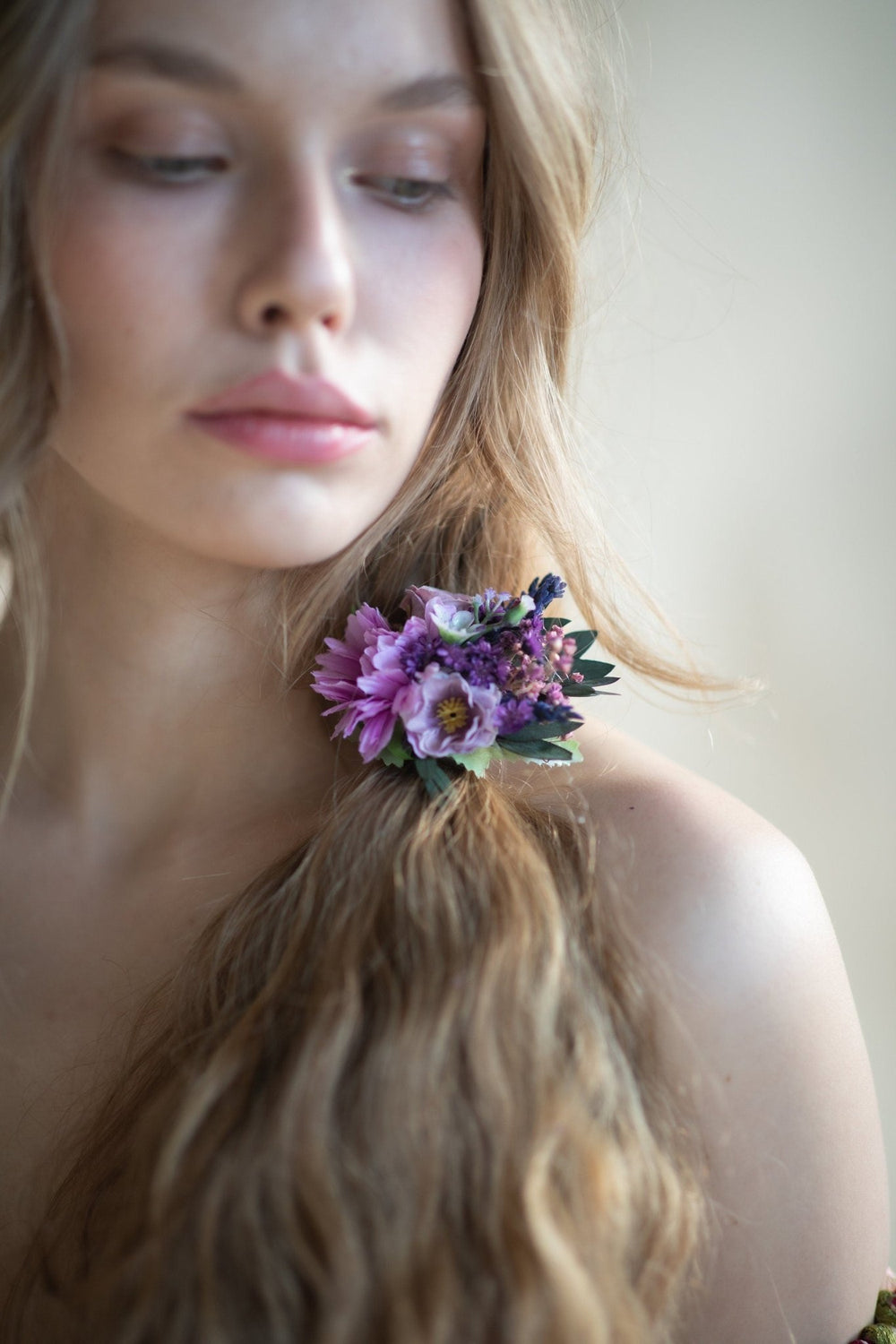 Purple Flower Hair Tie: Bridal Hair Accessory – handmade floral hair accessory by magaela