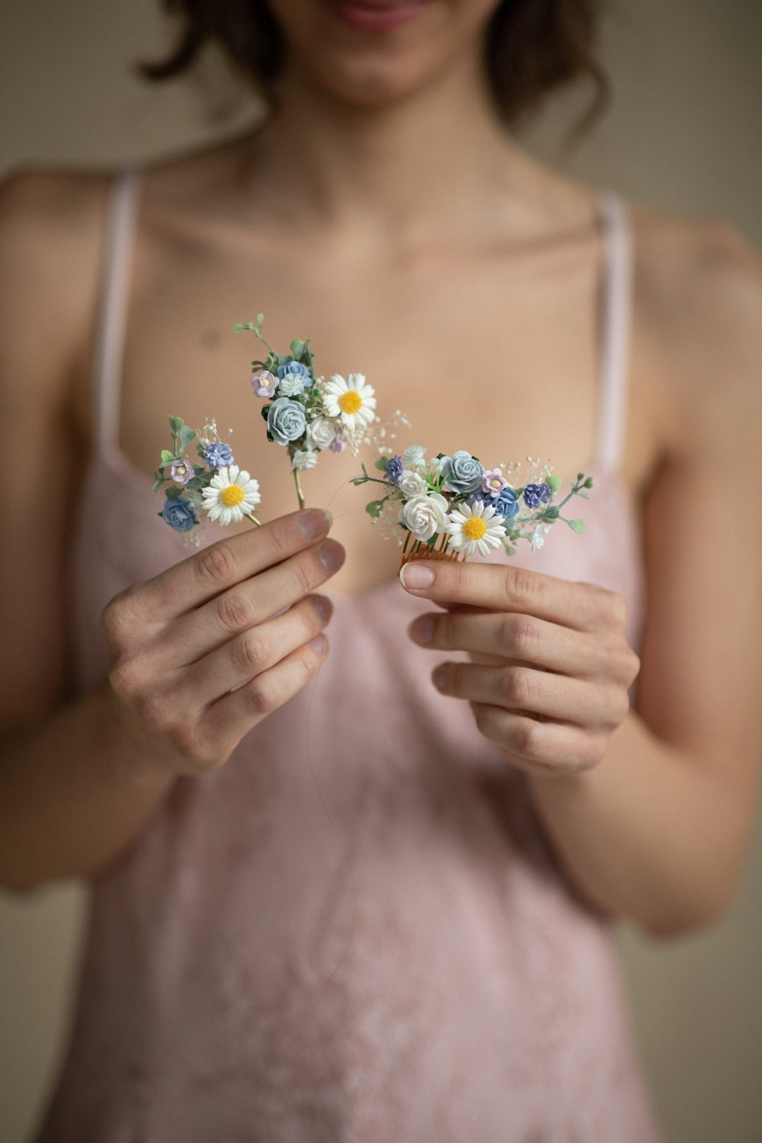 Daisy Hair Comb & Pins: Pastel Blue Meadow Wedding Accessories – handmade floral hair accessory by magaela
