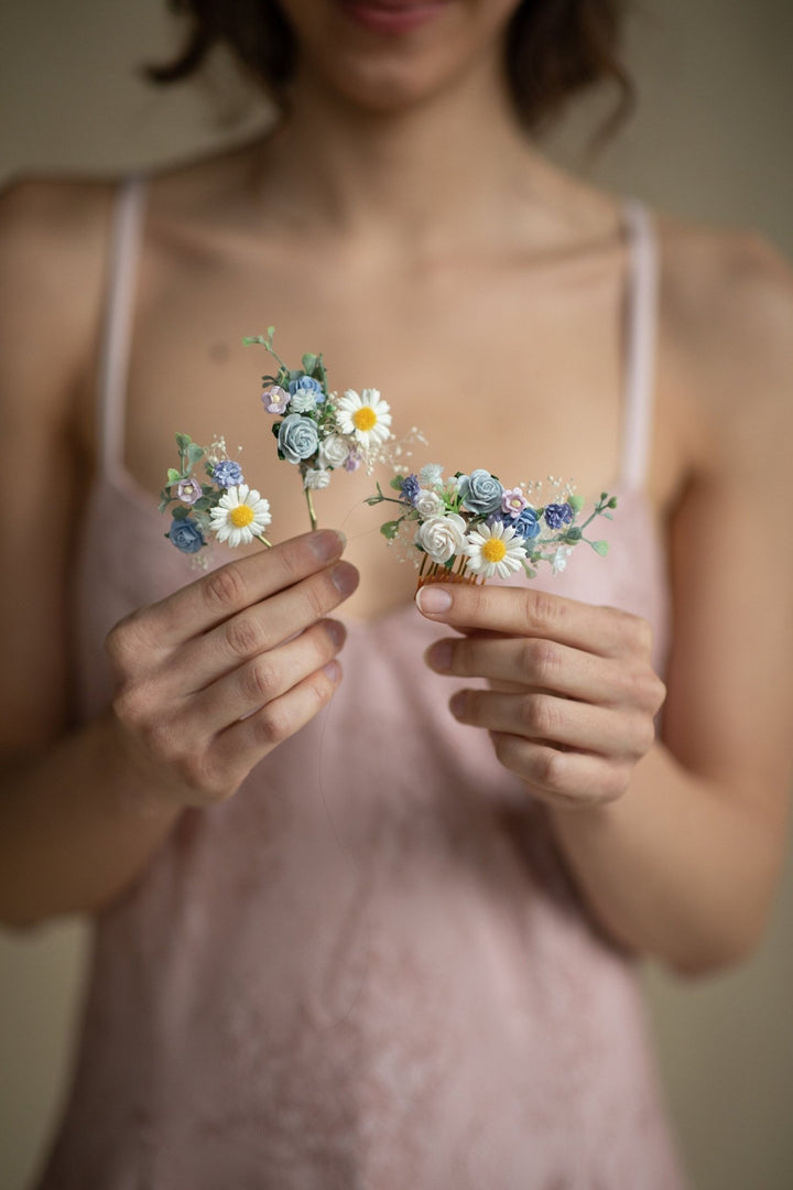 Daisy Hair Comb & Pins: Pastel Blue Meadow Wedding Accessories – handmade floral hair accessory by magaela