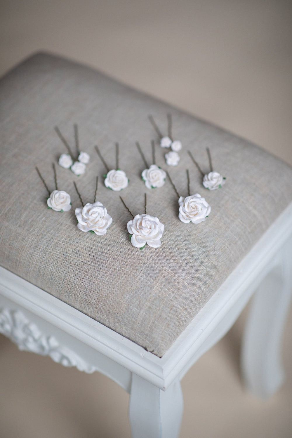 White Rose Hair Pins: Bridal Flower Hair Clips – handmade floral hair accessory by magaela