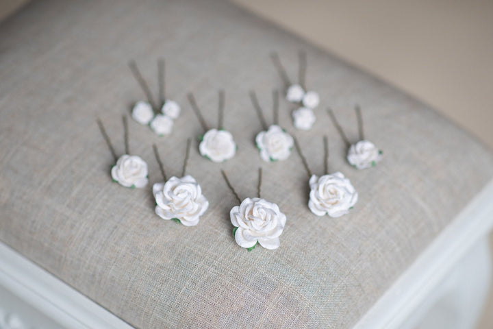 White Rose Hair Pins: Bridal Flower Hair Clips – handmade floral hair accessory by magaela