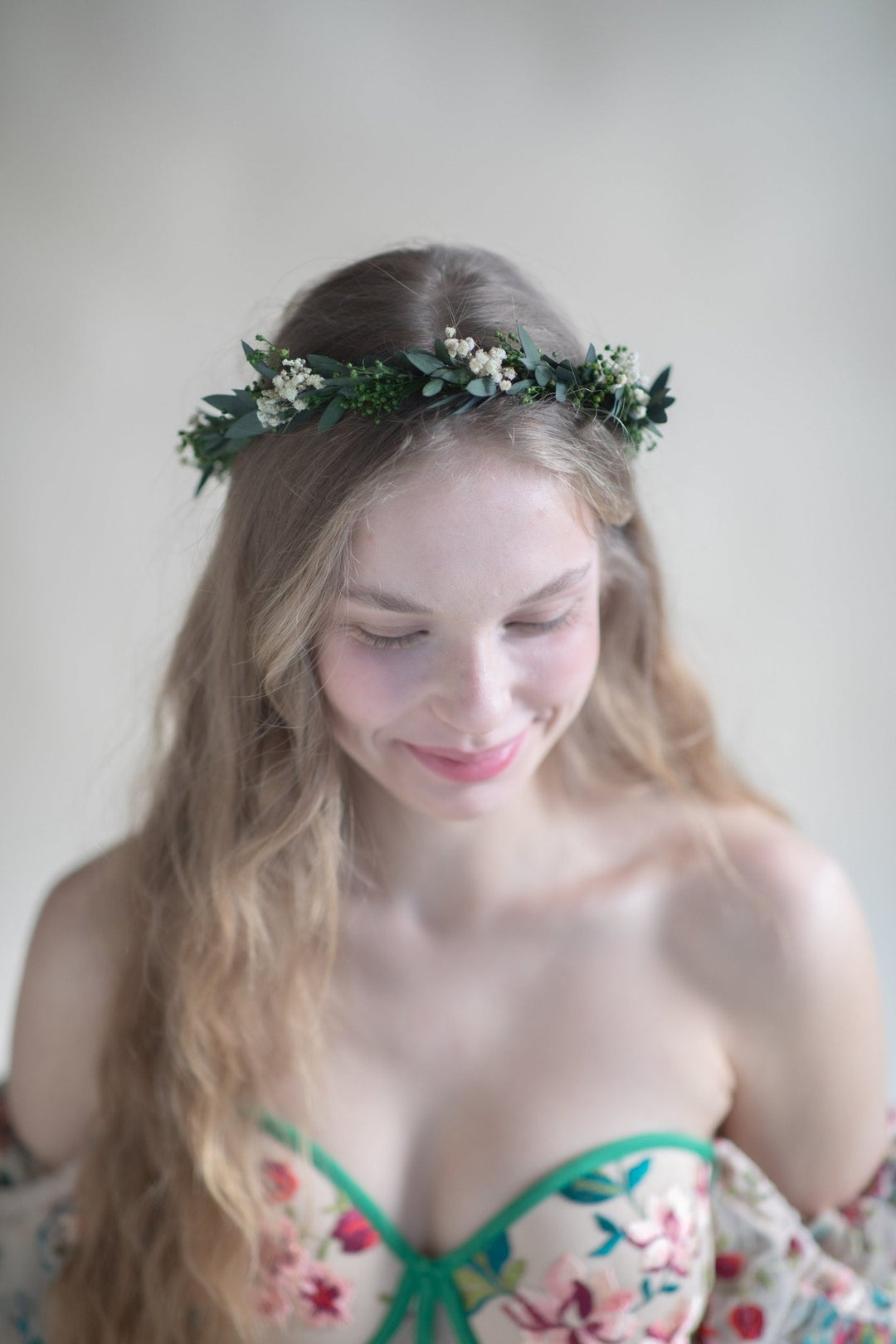 Eucalyptus Wedding Hair Crown: Baby's Breath Bridal Flower Wreath – handmade floral hair accessory by magaela