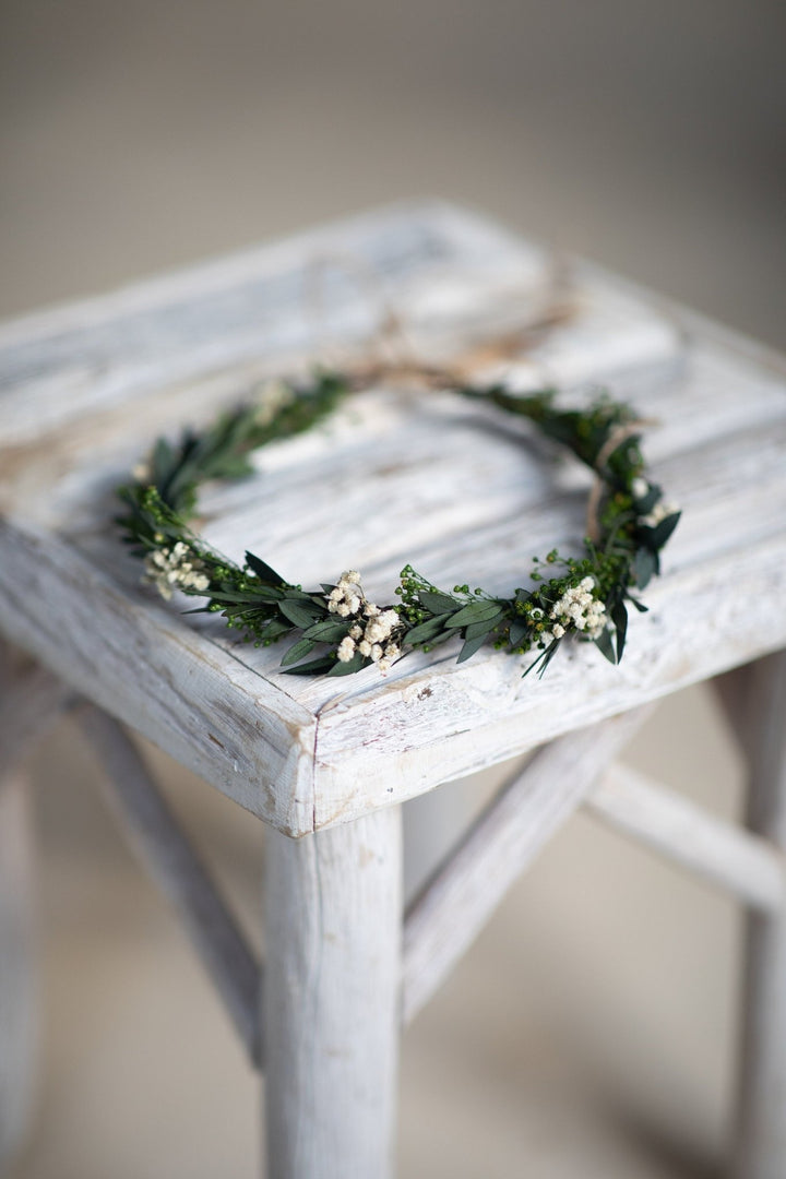 Eucalyptus Wedding Hair Crown: Baby's Breath Bridal Flower Wreath – handmade floral hair accessory by magaela