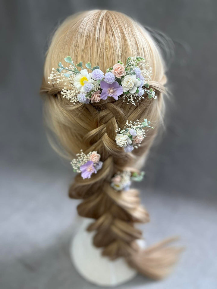 Pastel Flower Hair Comb & Pin Set: Bridal Meadow Accessories – handmade floral hair accessory by magaela