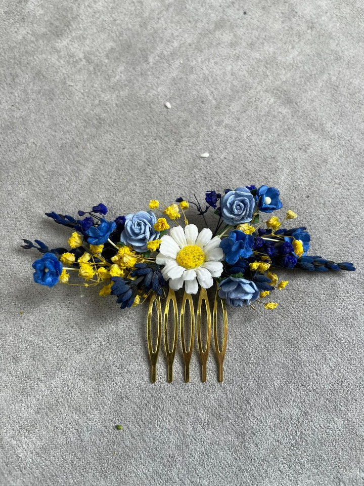 Blue & Yellow Floral Hair Comb: Daisy Wedding Headpiece – handmade floral hair accessory by magaela