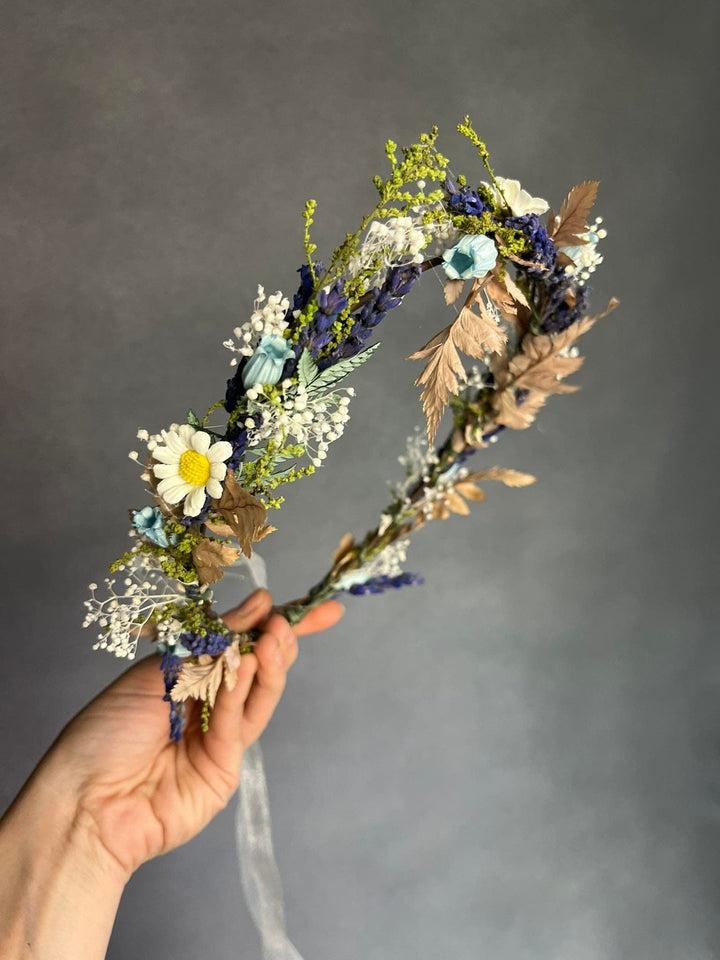Bluebell Daisy Flower Crown: Meadow Wedding Headpiece – handmade floral hair accessory by magaela
