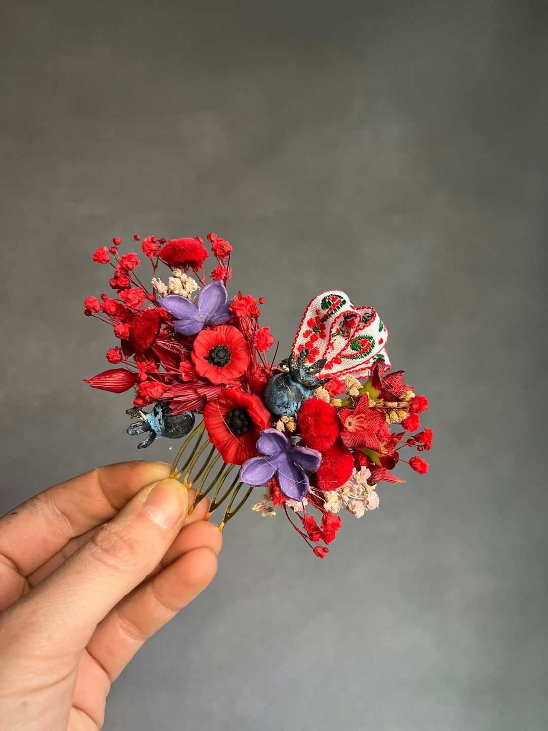 Red Poppy Flower Hair Comb: Folk Ribbon Bridal Accessory – handmade floral hair accessory by magaela