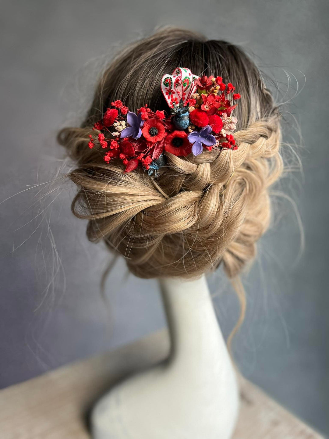 Red Poppy Flower Hair Comb: Folk Ribbon Bridal Accessory – handmade floral hair accessory by magaela