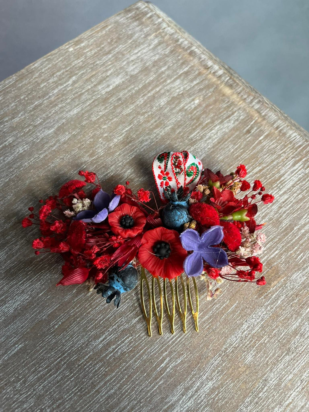 Red Poppy Flower Hair Comb: Folk Ribbon Bridal Accessory – handmade floral hair accessory by magaela