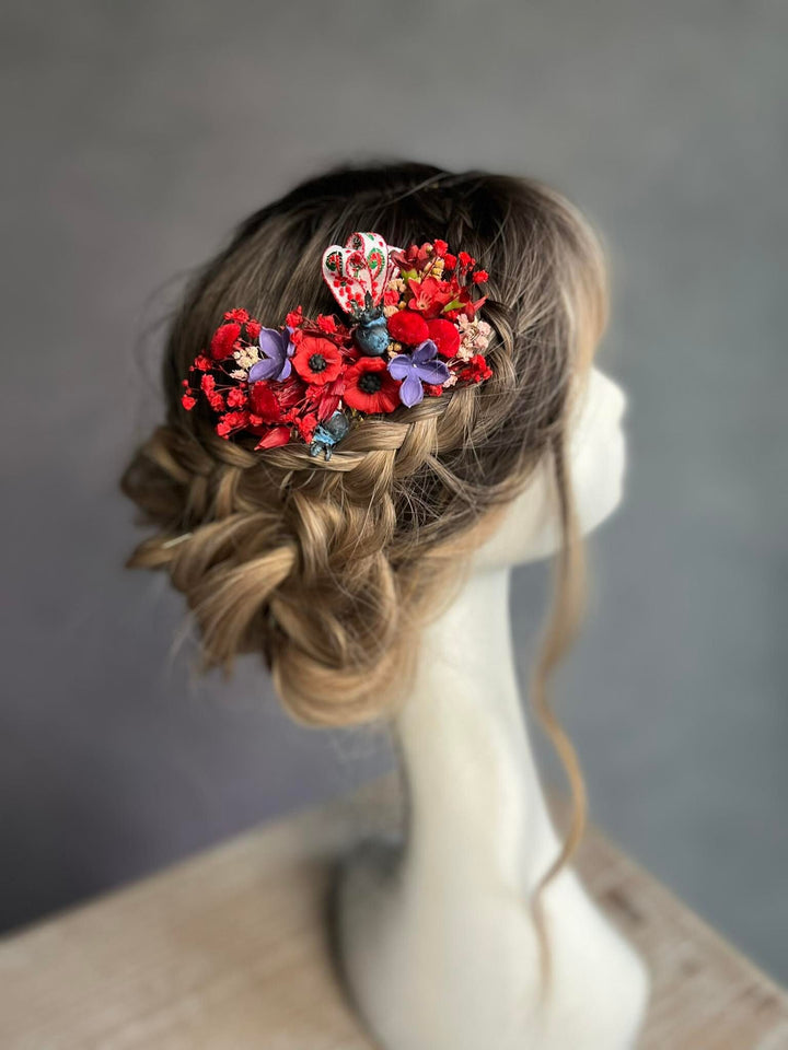 Red Poppy Flower Hair Comb: Folk Ribbon Bridal Accessory – handmade floral hair accessory by magaela