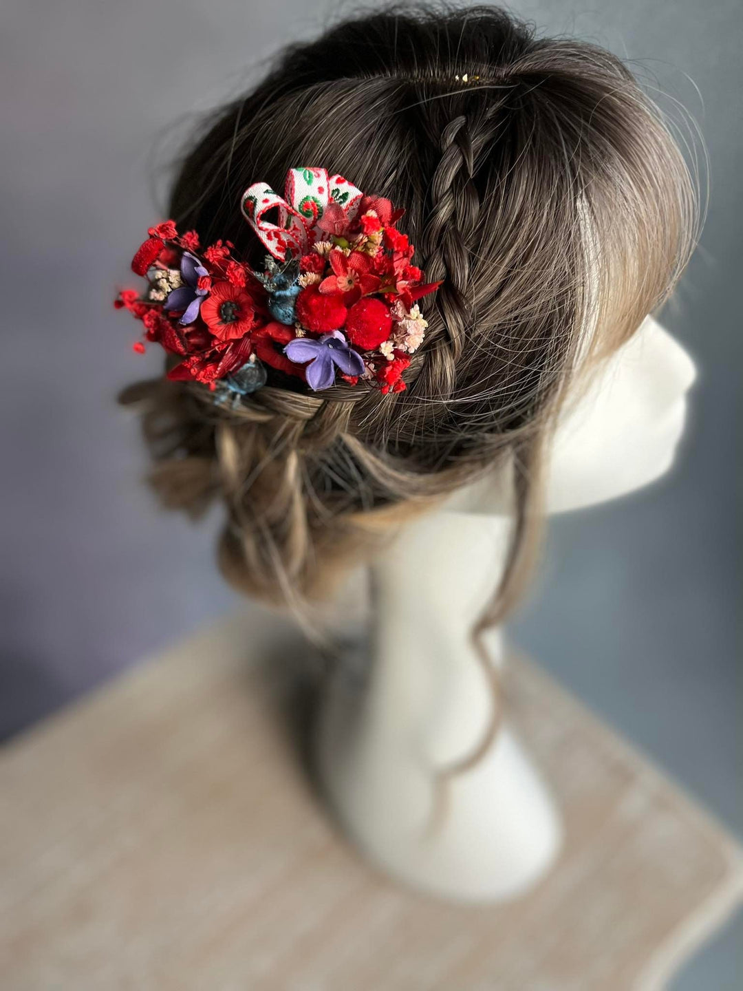 Red Poppy Flower Hair Comb: Folk Ribbon Bridal Accessory – handmade floral hair accessory by magaela