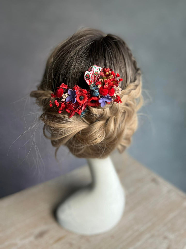 Red Poppy Flower Hair Comb: Folk Ribbon Bridal Accessory – handmade floral hair accessory by magaela