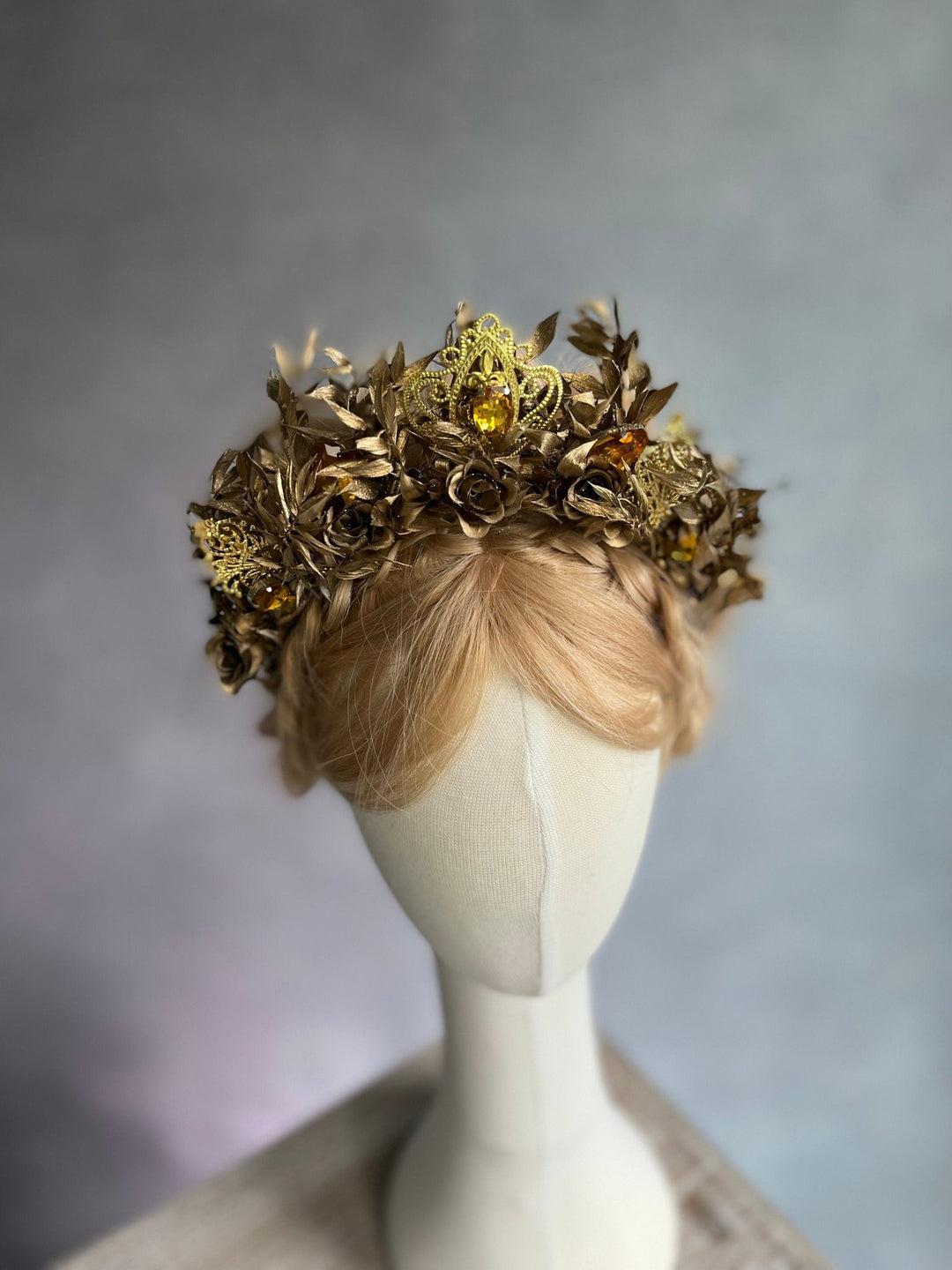 Golden Flower Bridal Crown: Crystal Wedding Tiara Headband – handmade floral hair accessory by magaela