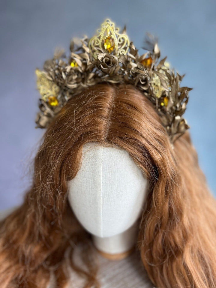 Golden Flower Bridal Crown: Crystal Wedding Tiara Headband – handmade floral hair accessory by magaela