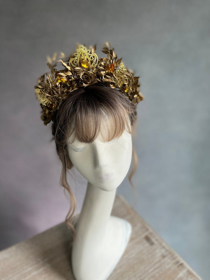Golden Flower Bridal Crown: Crystal Wedding Tiara Headband – handmade floral hair accessory by magaela