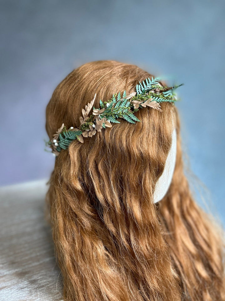 Green Fern Wedding Hair Crown: Bronze Flower Woodland Wreath – handmade floral hair accessory by magaela