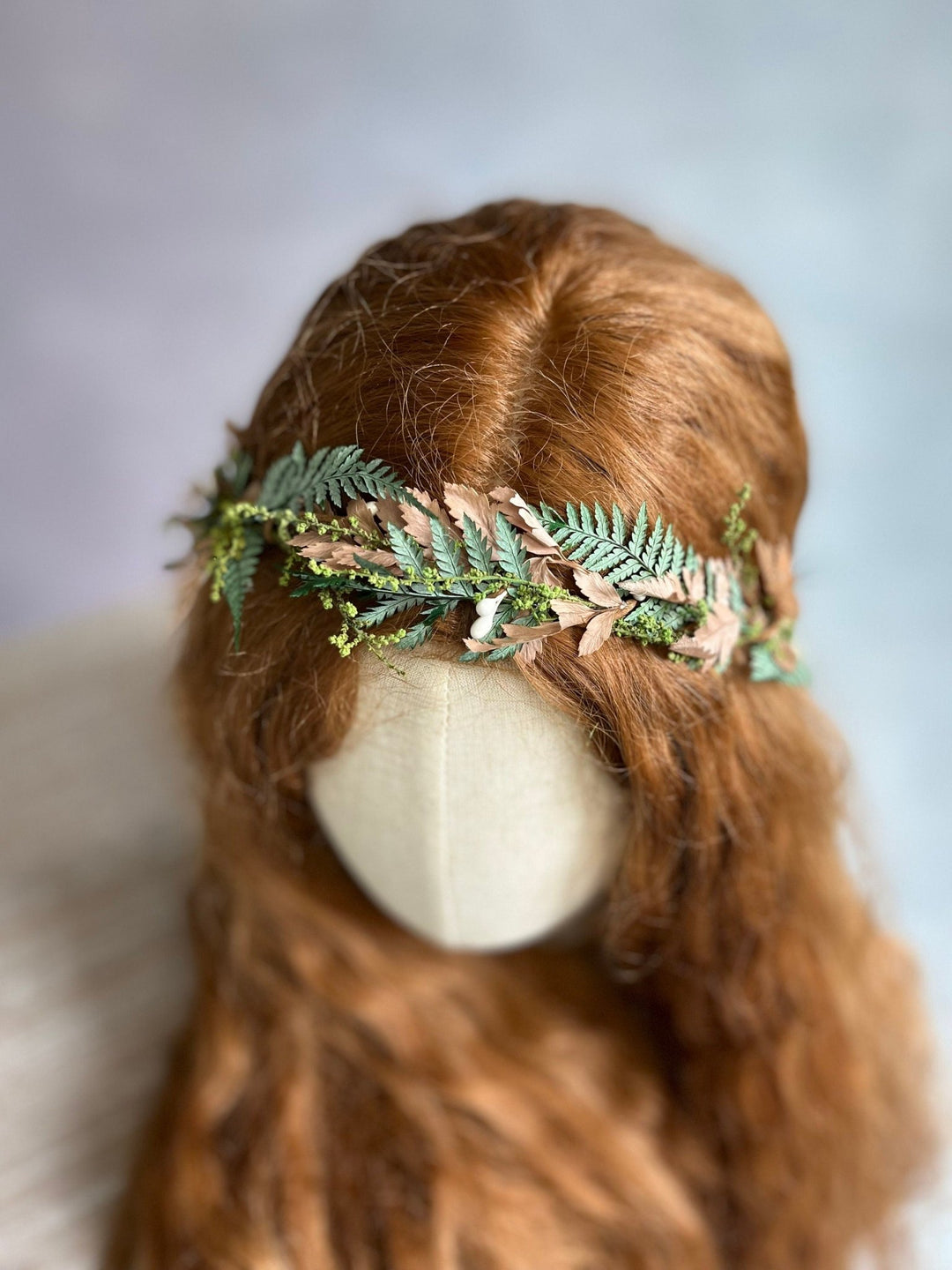 Green Fern Wedding Hair Crown: Bronze Flower Woodland Wreath – handmade floral hair accessory by magaela