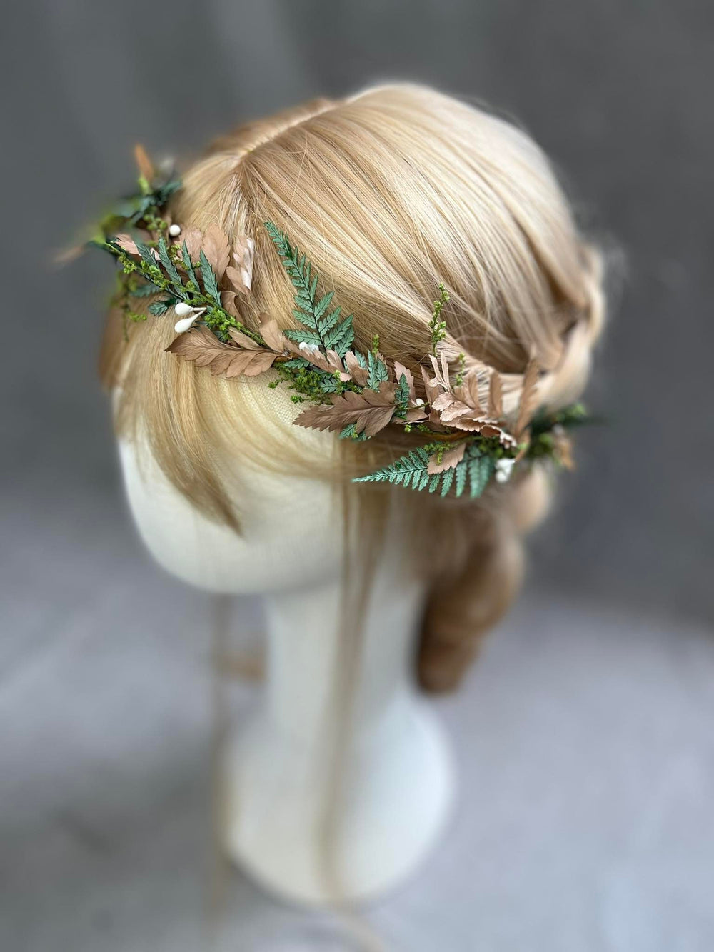Green Fern Wedding Hair Crown: Bronze Flower Woodland Wreath – handmade floral hair accessory by magaela