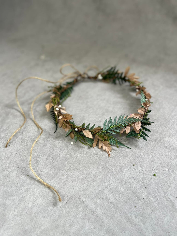 Green Fern Wedding Hair Crown: Bronze Flower Woodland Wreath – handmade floral hair accessory by magaela